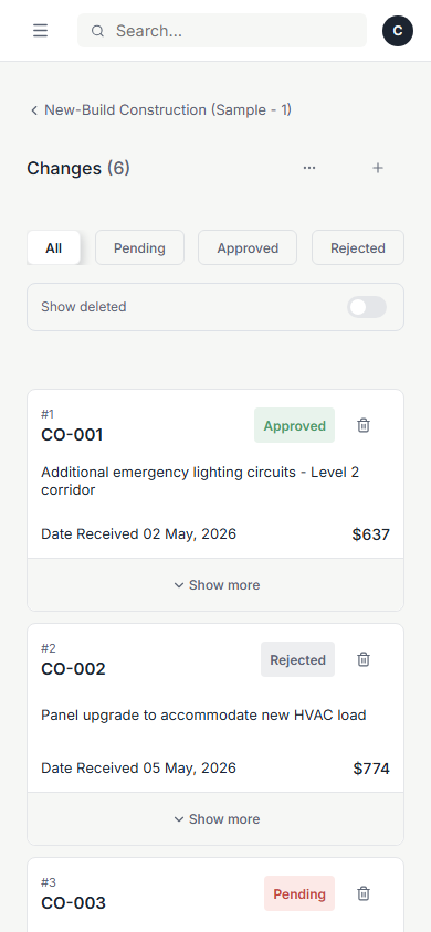 Ctrak Changes sheet on a mobile phone, shown as cards