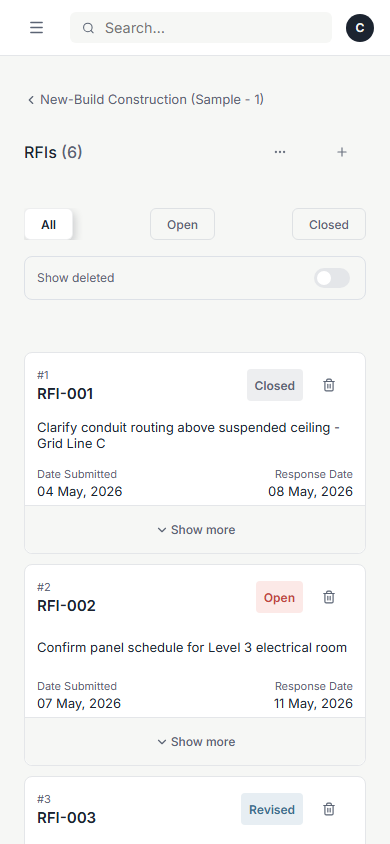 Ctrak RFIs sheet on a mobile phone, shown as cards